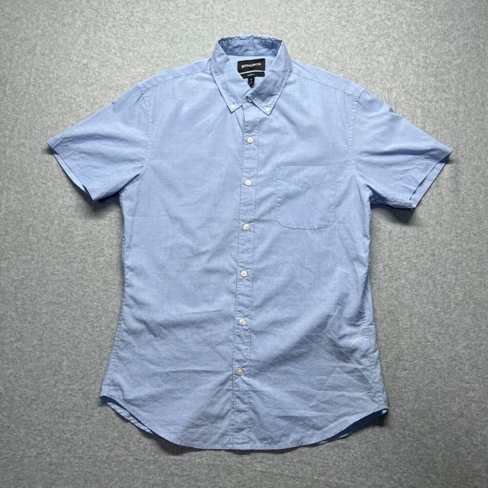 Bonobos Men's Medium Tailored Fit Short Sleeve Shirt Light Blue Cotton
